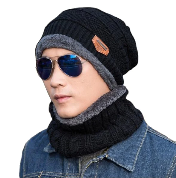 Unisex Beanie Wool Cap with Neck Warmer - Black